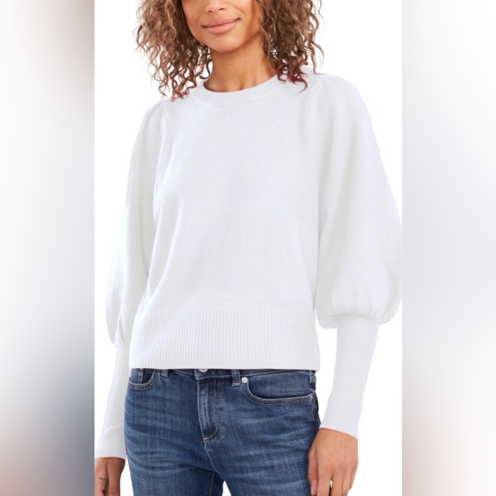 Cece Womens Long Sleeve Exaggerated Puff Sleeve Crew Neck Sweater White Ivory SP